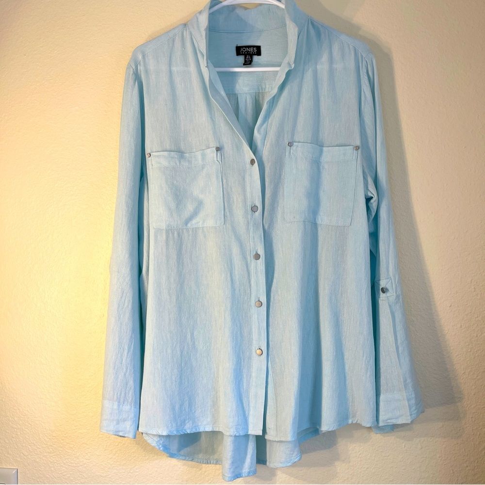 Jones New York linen rayon tab long sleeve button down shirt silver buttons L